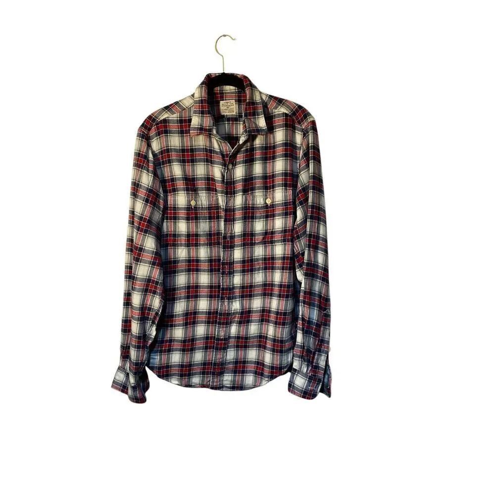 J.Crew, men’s red blue and white long sleeve plaid button down Flannel S/M